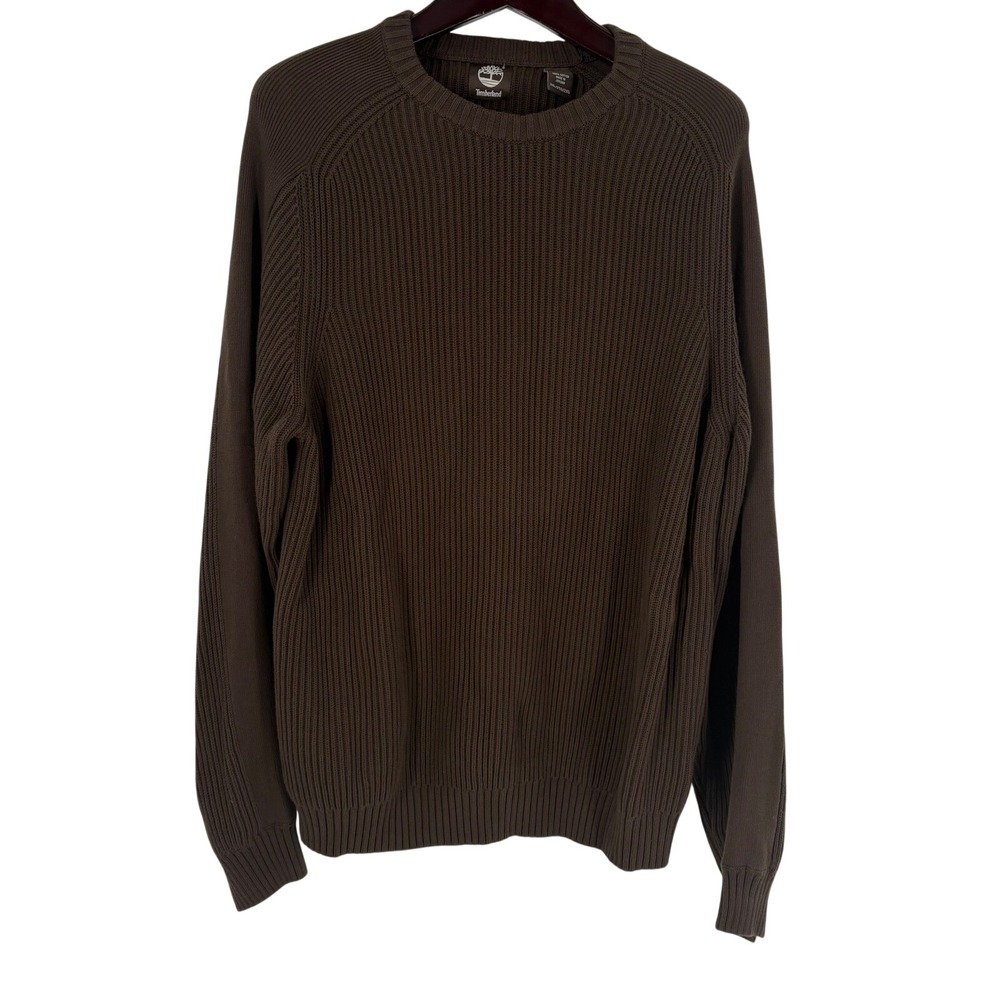 Timberland Mens 2XL Brown Ribbed Knit 100% Cotton Crew Neck Raglan Sweater
